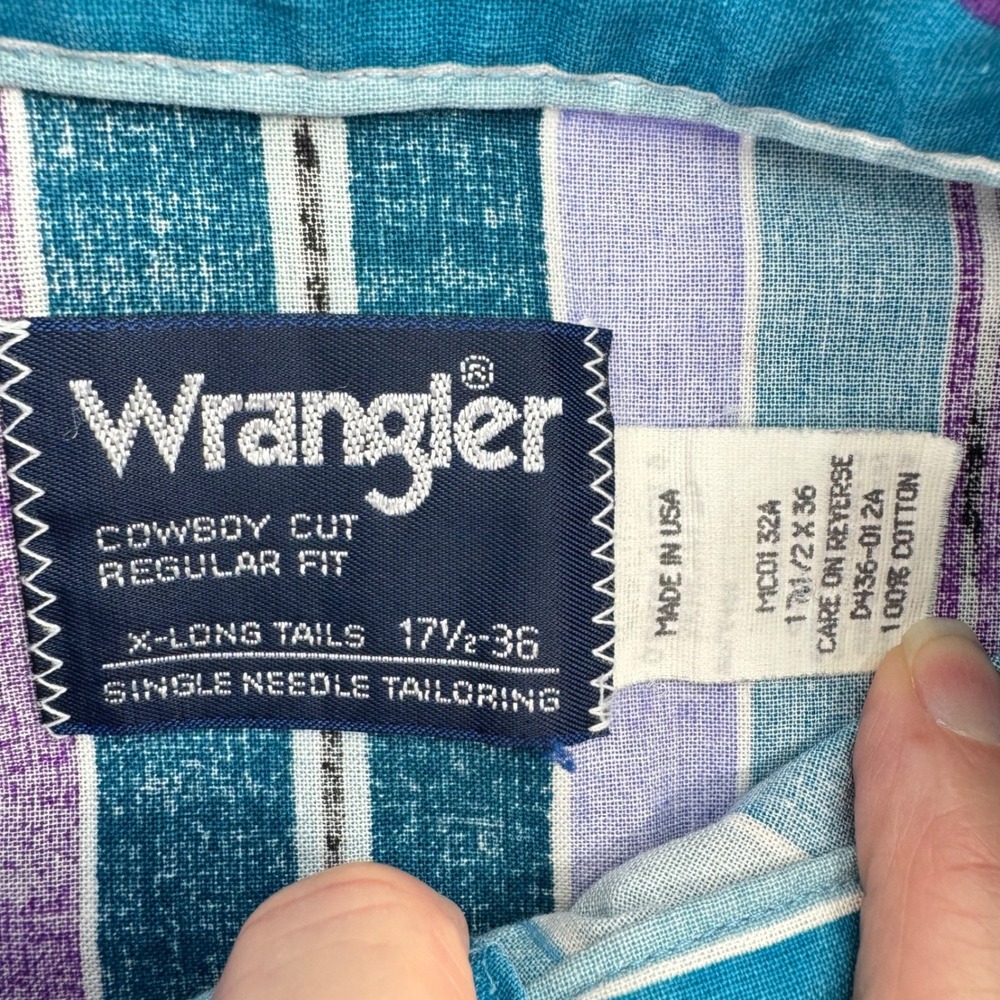 Wrangler Western Brushpopper Shirt Mens 17.5 Teal Purple Striped Cowboy Cut - Picture 5 of 10